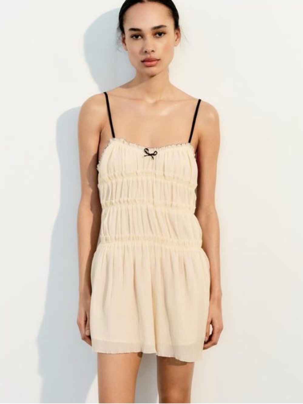 Zara NWT Romantic Coquette Ruched Babydoll Bow Spaghetti Strap Mini Dress (XS) - Picture 2 of 7